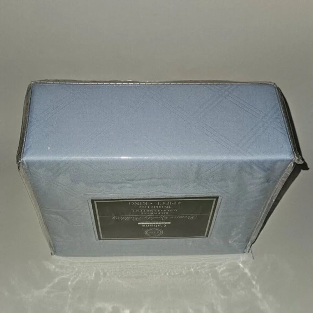 NEW Hotel 5th Ave Cabana Embossed Plaid Blue King Sheet Set Flat Fitted PCx2